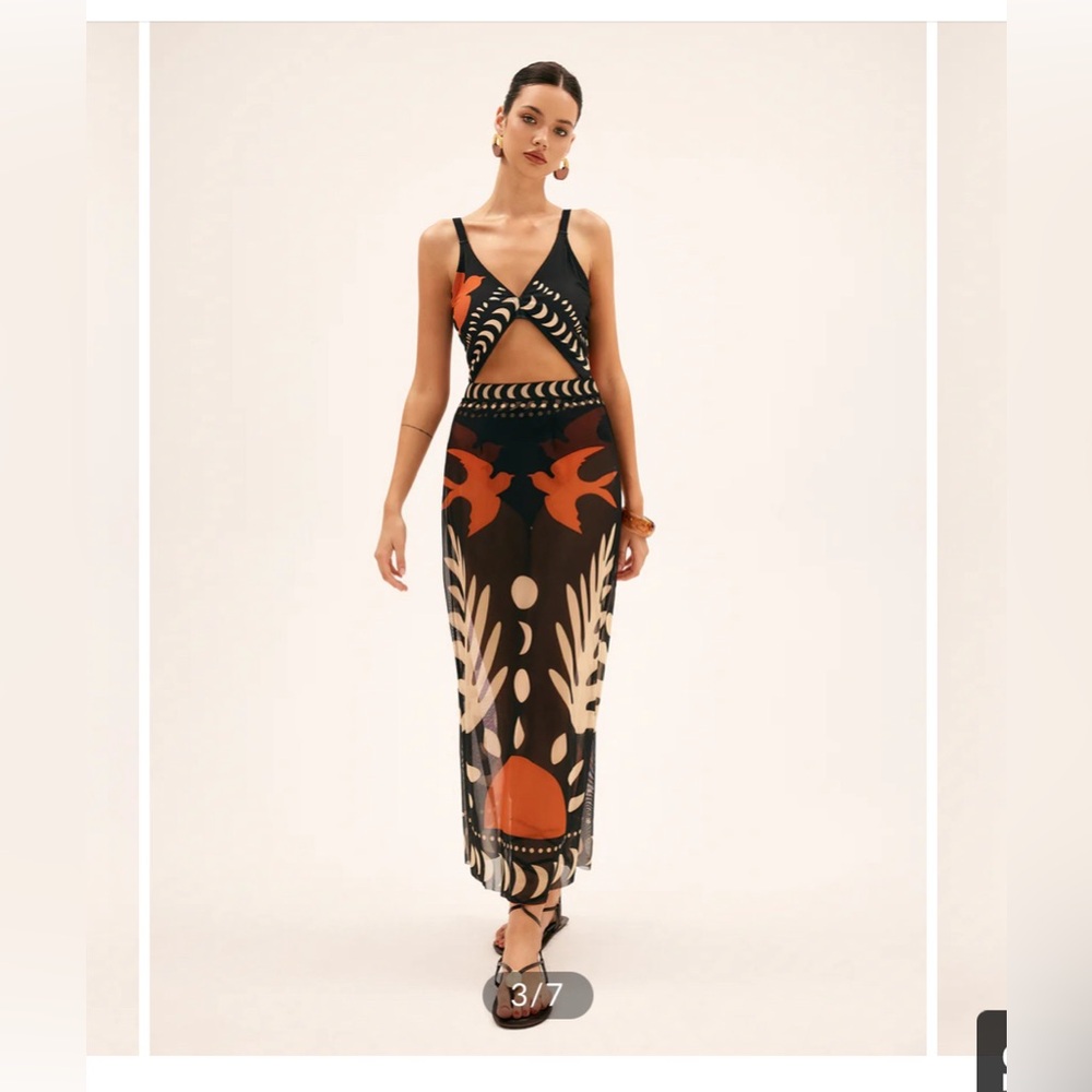 Commense Bird Print Mesh Cover Up Maxi Skirt and Bodysuit NWT Sz Small